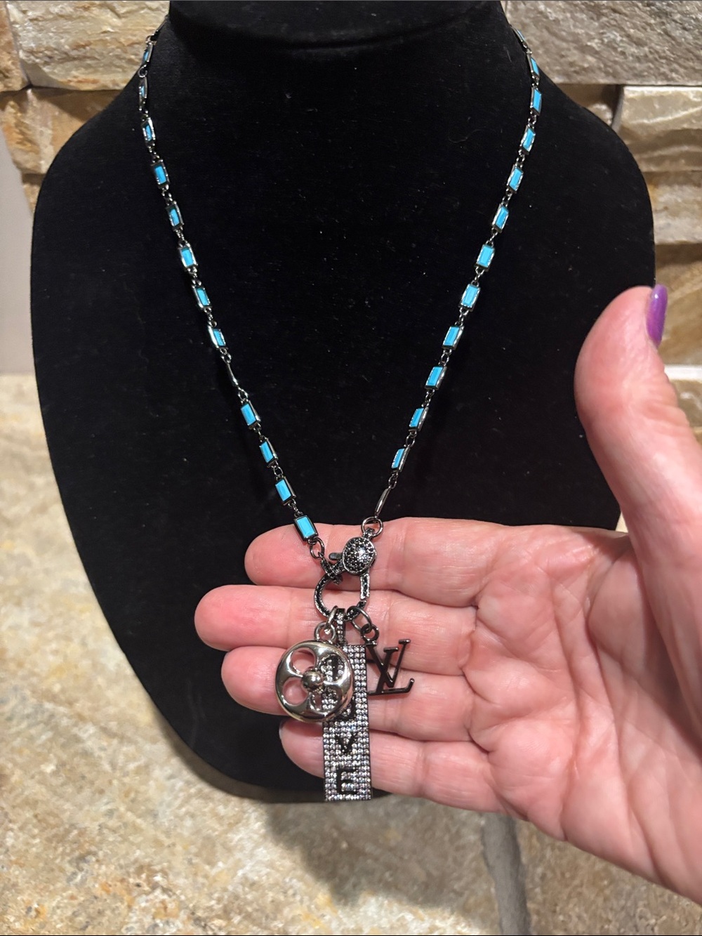 Black & Turquoise Enamel Charm Necklace